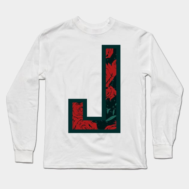 Modern Rose Floral Initial Name Alphabet - Letter J Long Sleeve T-Shirt by BroxArtworx